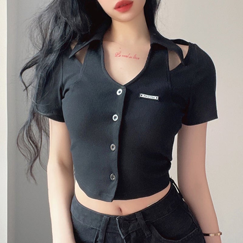 Black Hollow V-Neck Short Sleeves