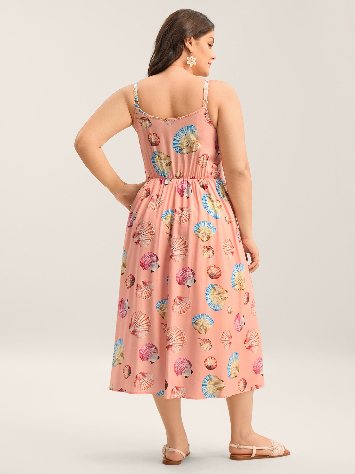 Rayon Adjustable Strap Shell Print Midi Dress