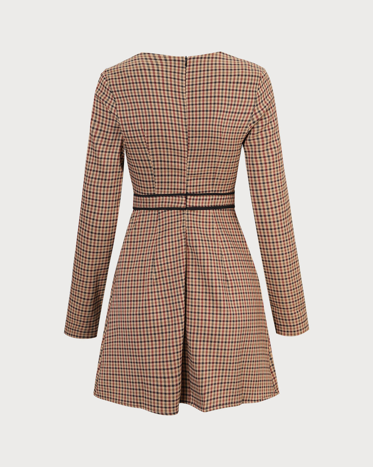 The Brown Round Neck Plaid Button Mini Dress