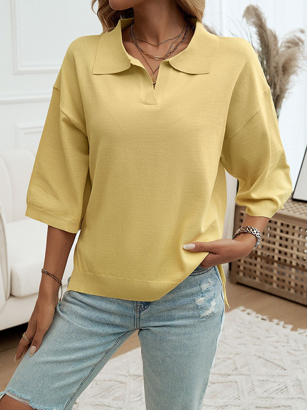 Half Sleeves Loose Solid Color Lapel Blouses&Shirts Tops Sweater Tops