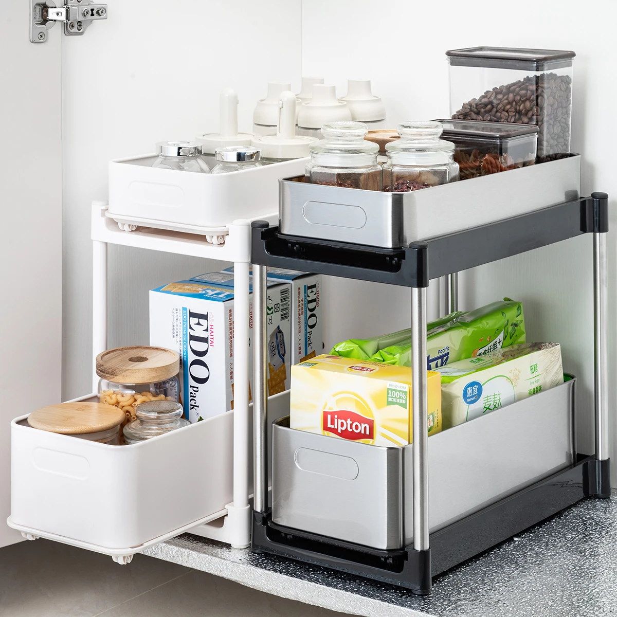 household multifunction kitchen organizer double tier stainless steel organizer pull out  under sink cabinet rack