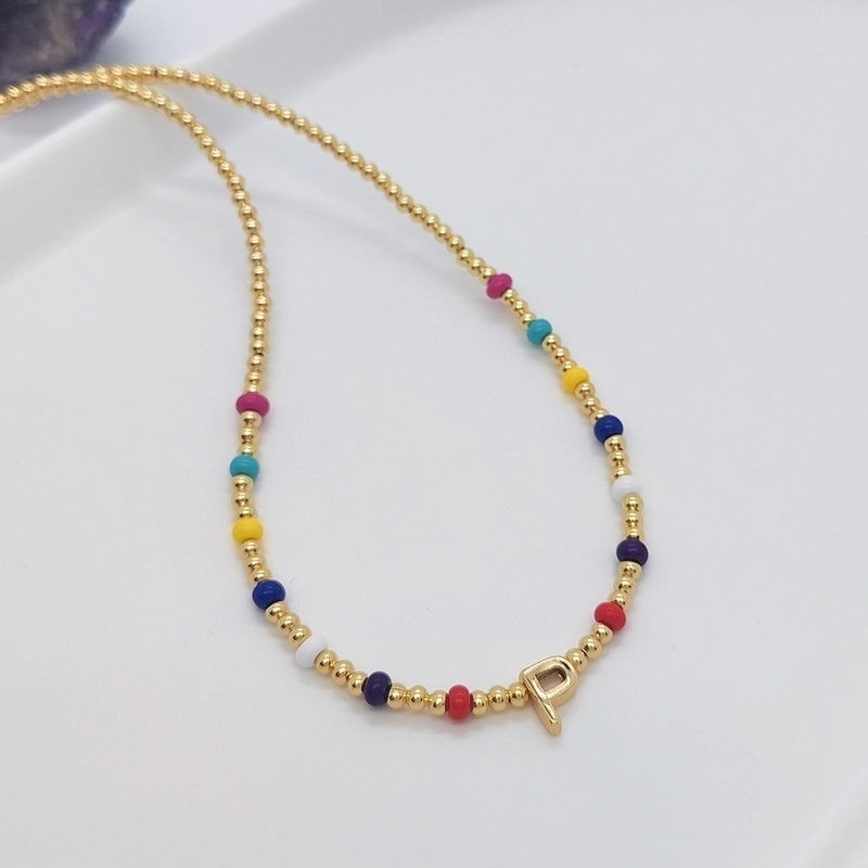 Ig Style Minimalist Letter Glass Copper Beaded Knitting Plating 18k Gold Plated Necklace