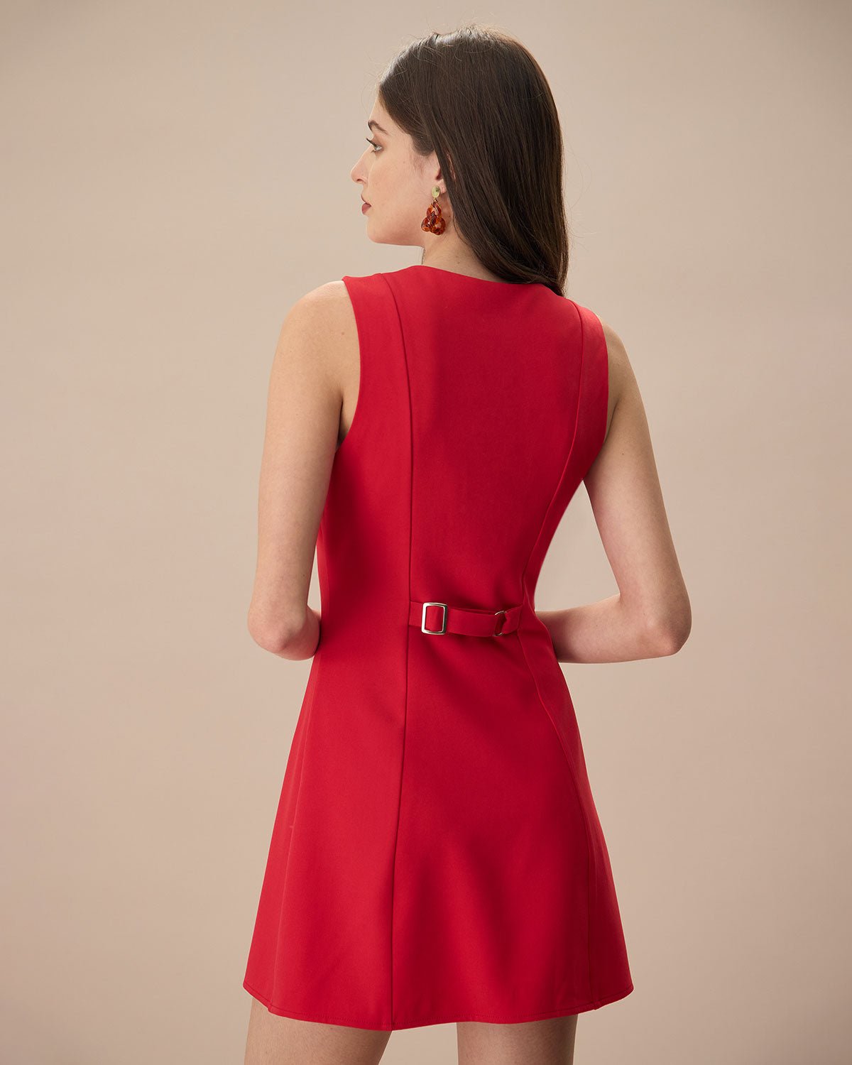 The Red Round Neck Button Mini Dress
