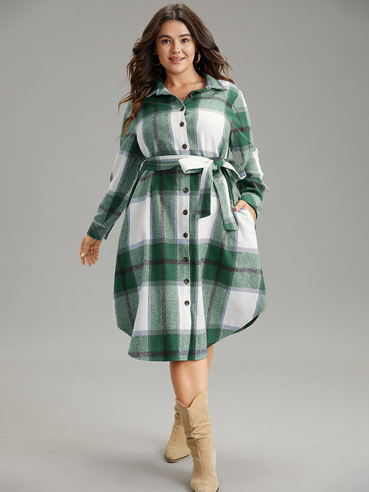 Plaid Shirt Collar Button Through Belted Dress