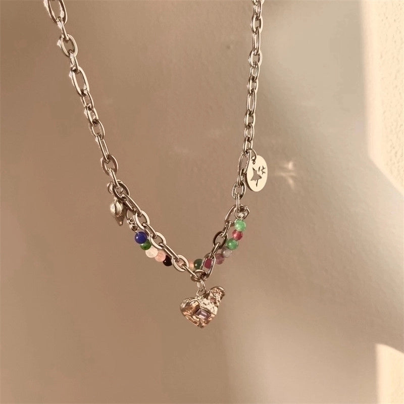 Lady Sweet Heart Shape Flower Fish Tail Imitation Pearl Alloy Inlay Rhinestones Women's Necklace