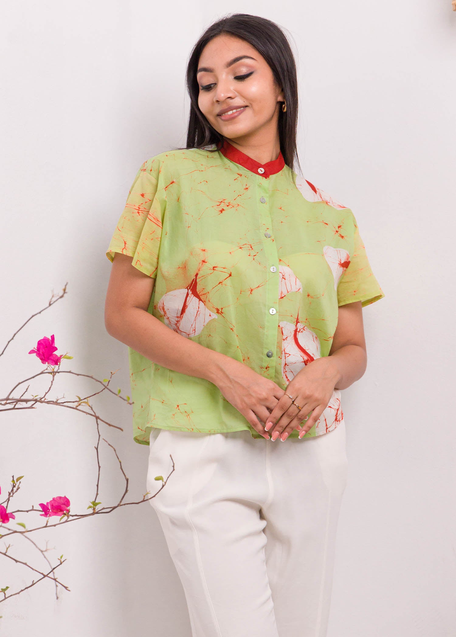 Anthurium Printed Batik Top with Chinese Collar