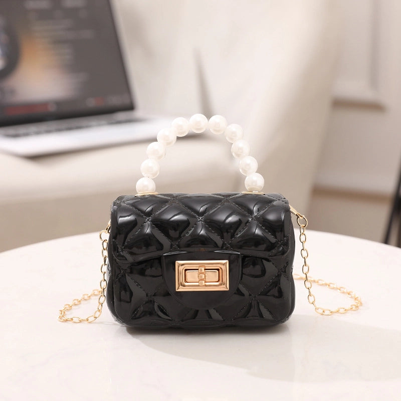 Women's PVC Solid Color Cute Beading Pearls Square Lock Clasp Crossbody Bag