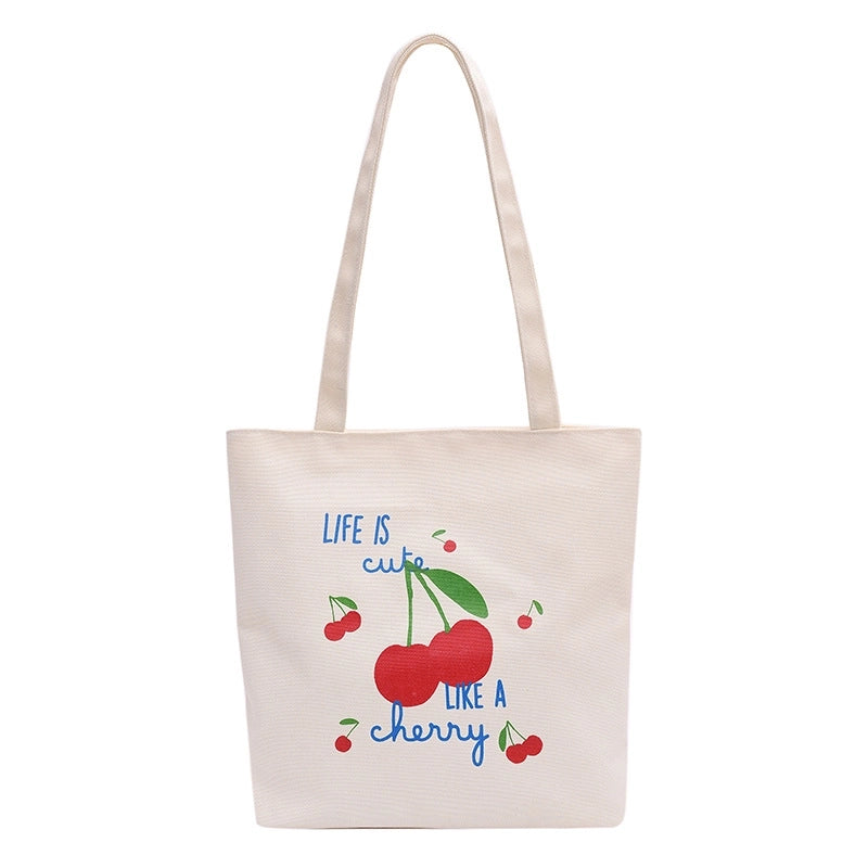 Women's Canvas Cherry Cute Sewing Thread Square Zipper Canvas Bag Tote Bag