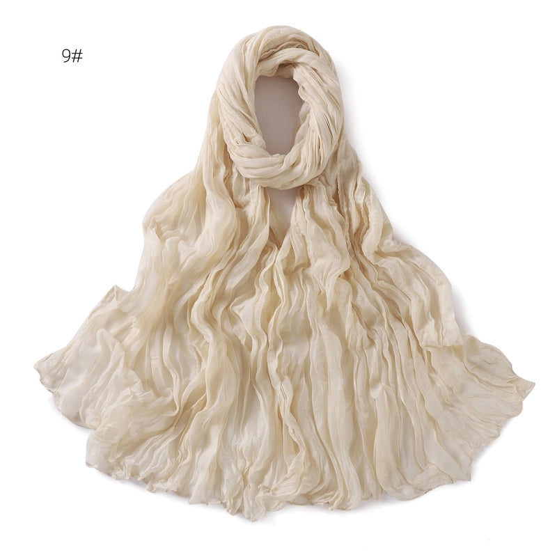 Spring And Autumn Pure Color Silk Yarn Twist Wrinkle Cotton And Linen Breathable Thin Scarf Female Cover Scarf In Stock