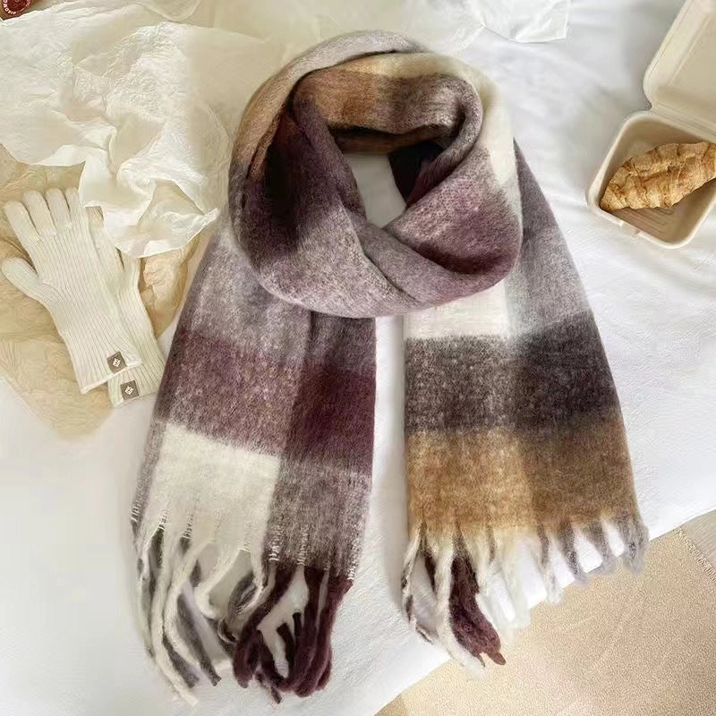 Mohair Plaid Scarf Women's Winter  Versatile Tassel Student Long Thickened Warm Scarf Large Shawl Fashion