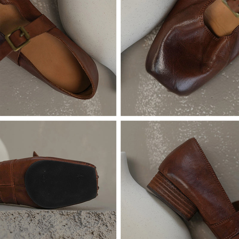 Elegant Square-Toe Horse Leather Mary Jane Shoes with Block Low Heel Buckle Apricot/Black/Brown
