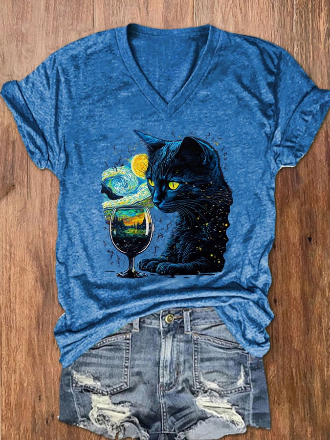 Women's Starry Night Black Cat Casual V-Neck Tee