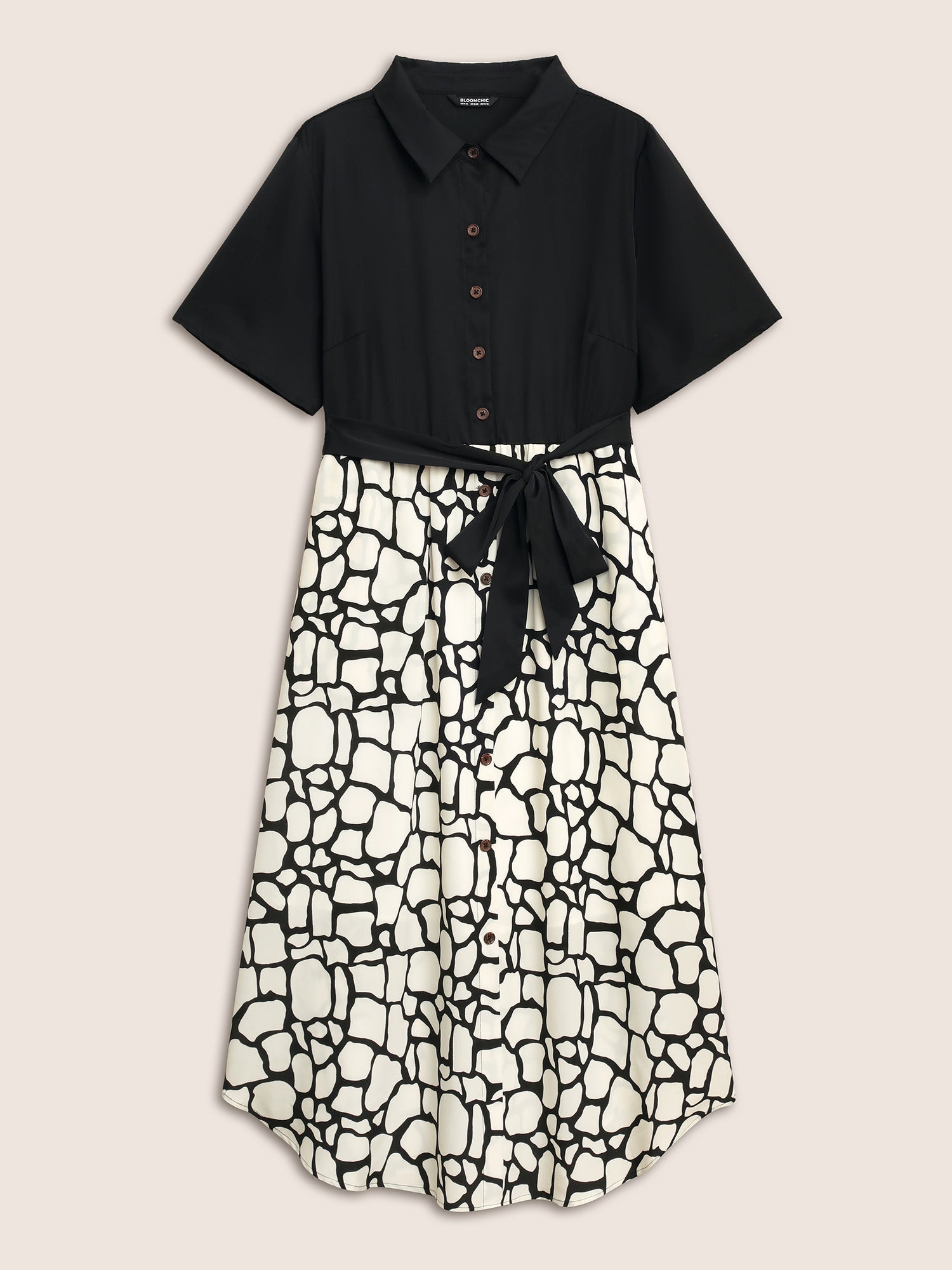 Geometric Patchwork Button Up Belted Dress