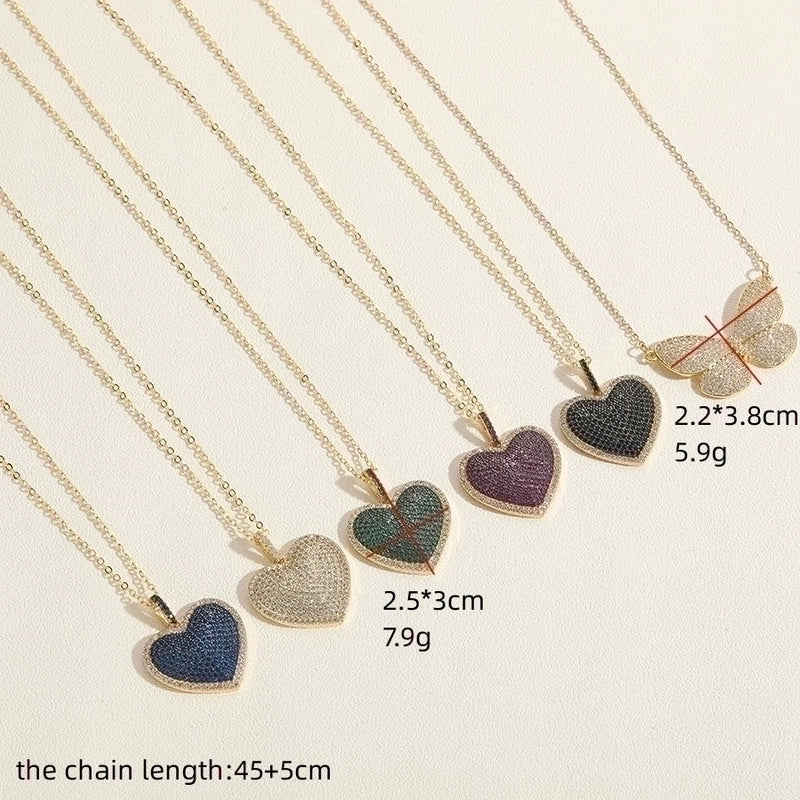 Minimalist Heart Shape Butterfly Copper Plating Inlay Zircon 14k Gold Plated Pendant Necklace