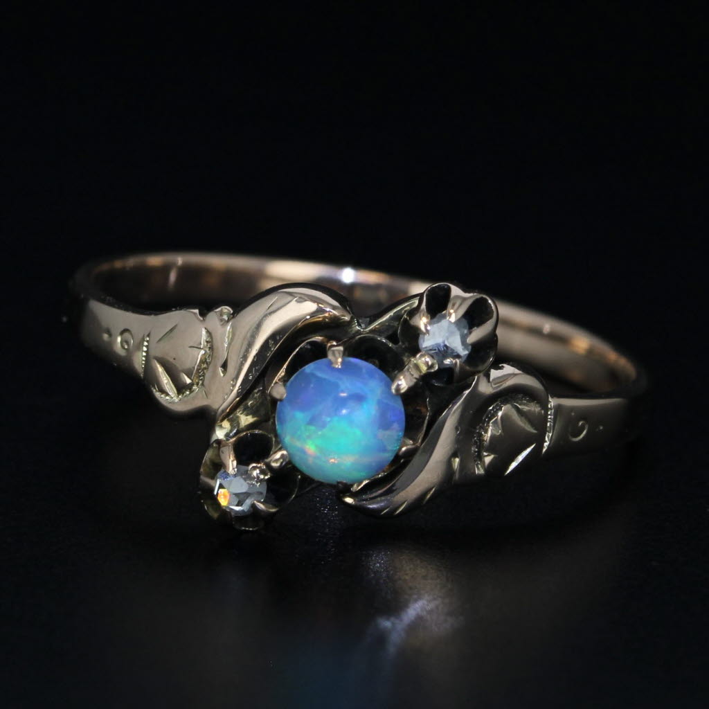 Antique Diamond Opal Bypass Ring 10K Yellow Gold Size 6.5
