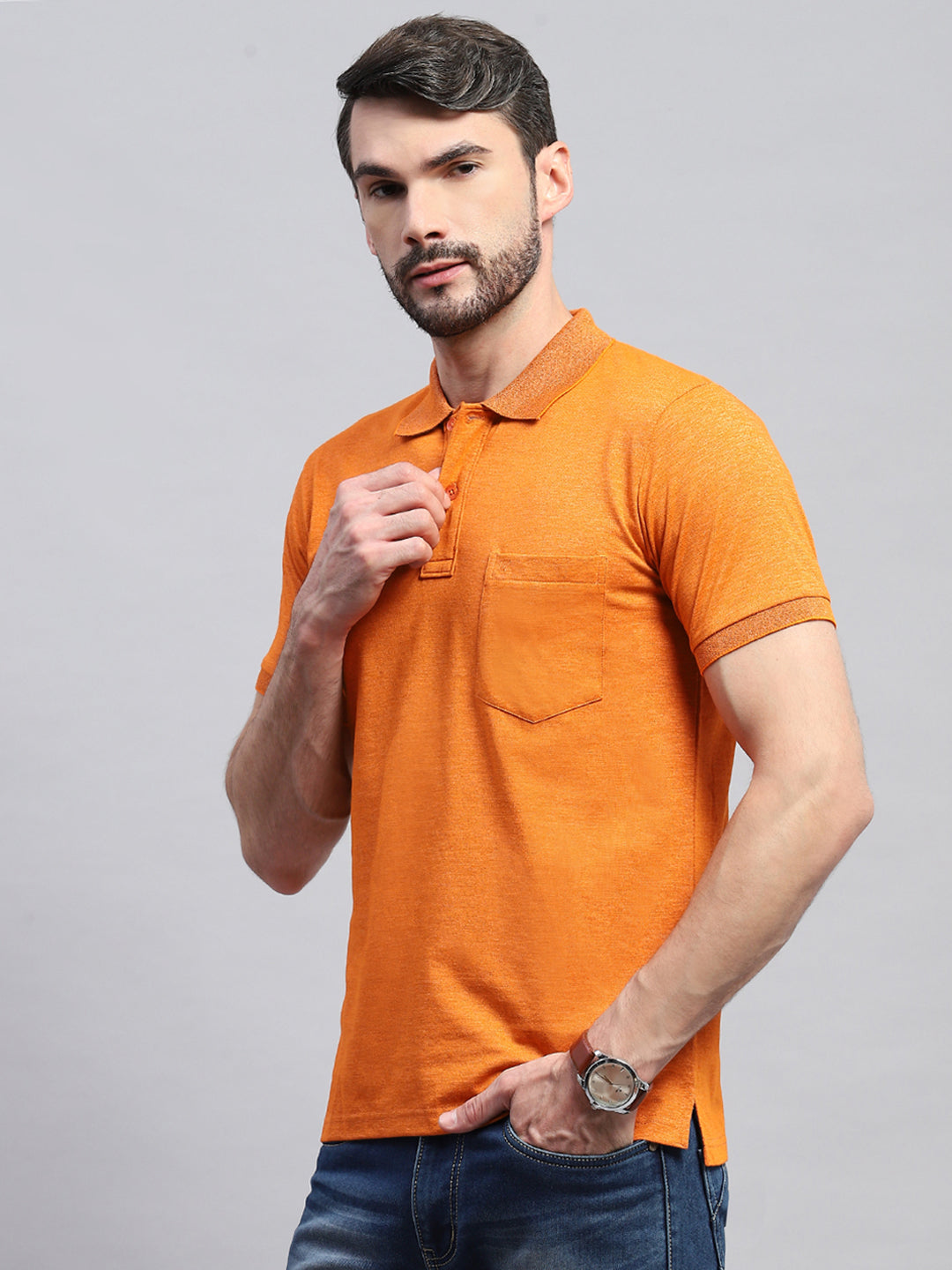 Men Orange Solid Collar Half Sleeve T-Shirt