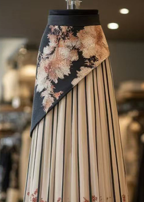 Retro Black Print Wrinkled Patchwork Chiffon Skirts Summer