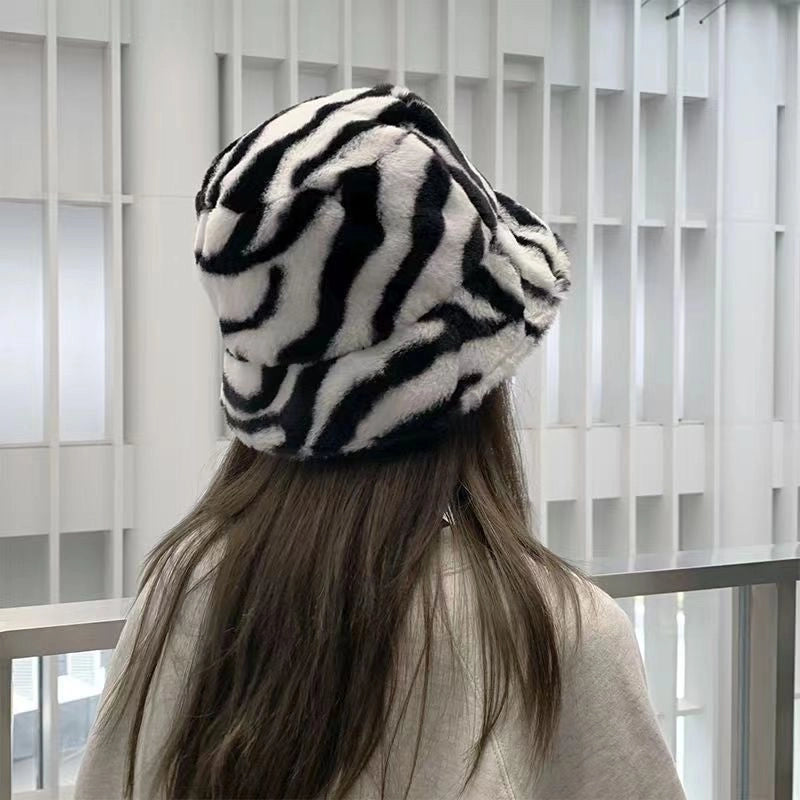 Leopard Print Vintage Fisherman Hat Autumn And Winter Thickened Warm Plush Hat Women's Korean-style Trendy Zebra Pattern Basin Hat Trendy