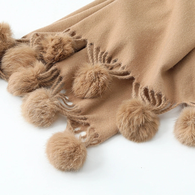 Cashmere Scarf Women's Winter New Imitation Cashmere Scarf Fur Ball Shawl Thickened Solid Color Wool Scarf