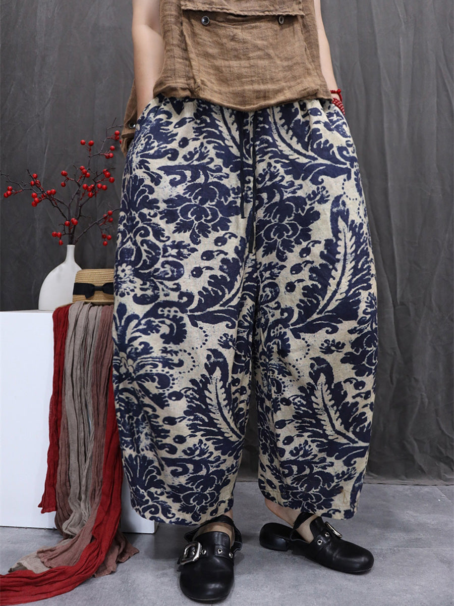 Women Artsy Summer Flower 100%Linen Harem Pants