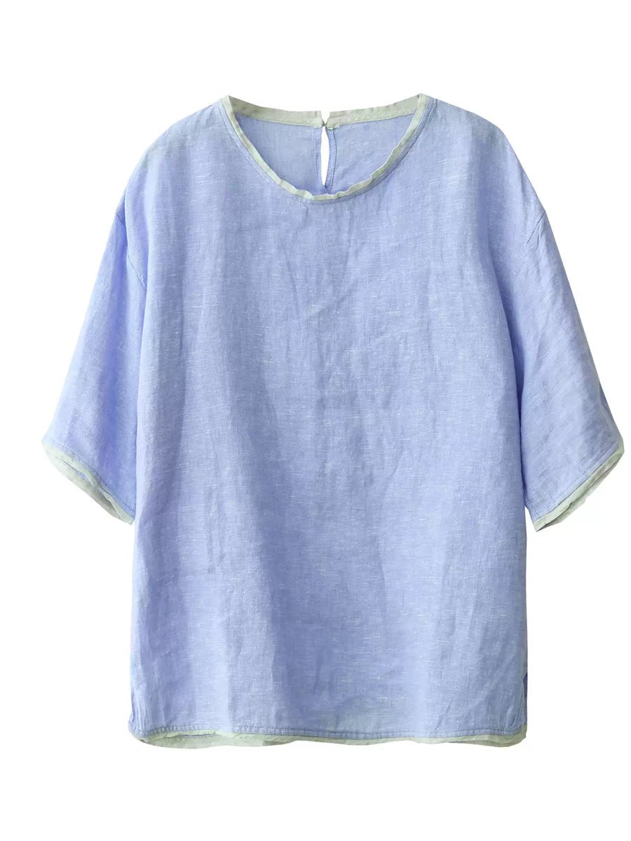 Women Summer Casual Pure Color O-Neck 100%Linen Shirt