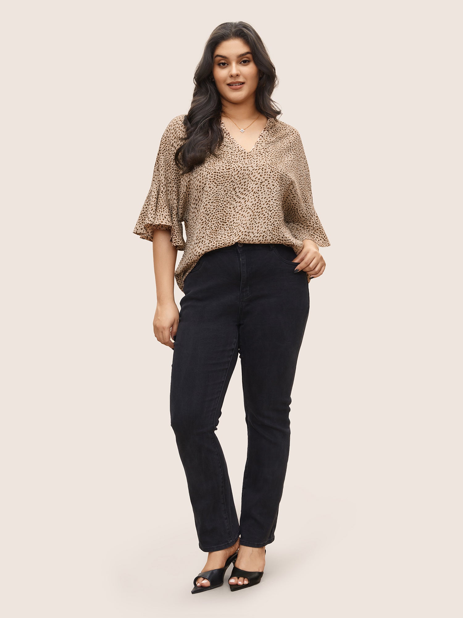 Leopard Print V Neck Ruffle Sleeve Blouse