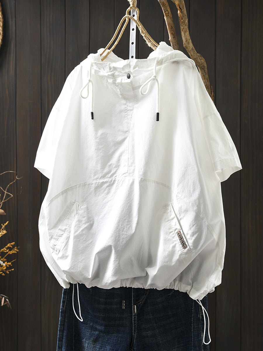 Women Summer Casual Pure Color Hooded Cotton Shirt