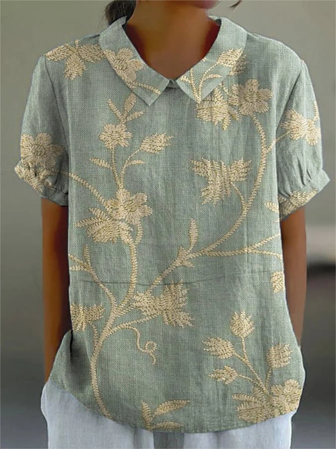 Women'S Retro Floral Art Print Casual Cotton And Linen Shirt