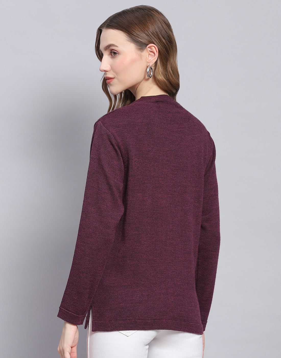 Women Maroon Solid V Neck Full Sleeve Cardigan