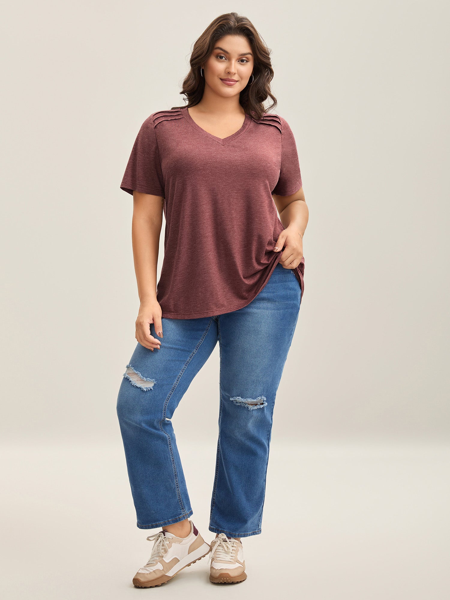 Plicated Detail Shoulder Plain T-Shirt
