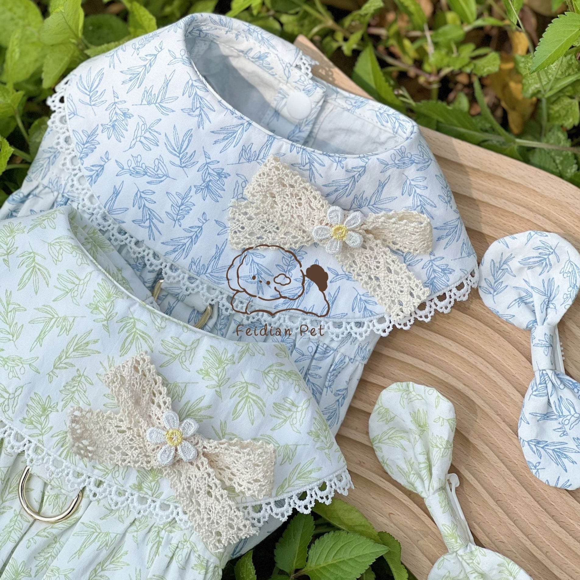 Leaf Printed Dog Dress with Hair Clip