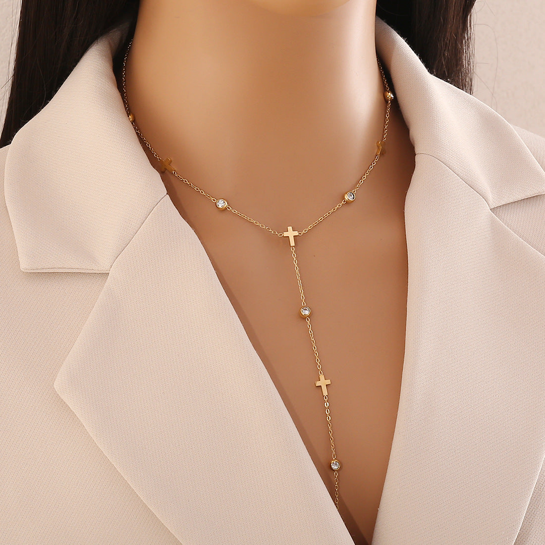 Fashionable Love Y-Shaped Necklace Cross Flower Stainless Steel Clavicle Chain N1459