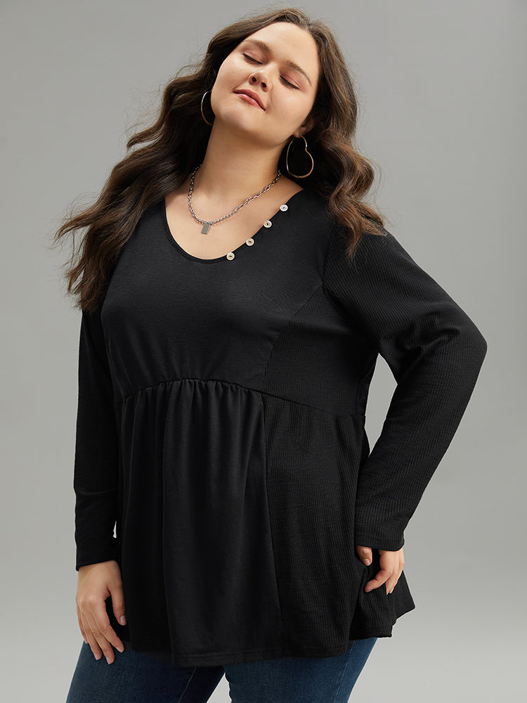 Plain Ruffles Button Detail T-shirt