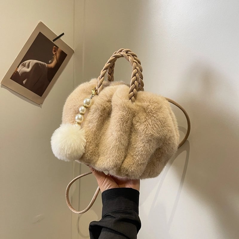 Women's Plush Solid Color Cute Classic Style Streetwear Ornament Pearls Weave Cloud Shape Hidden Buckle Crossbody Bag