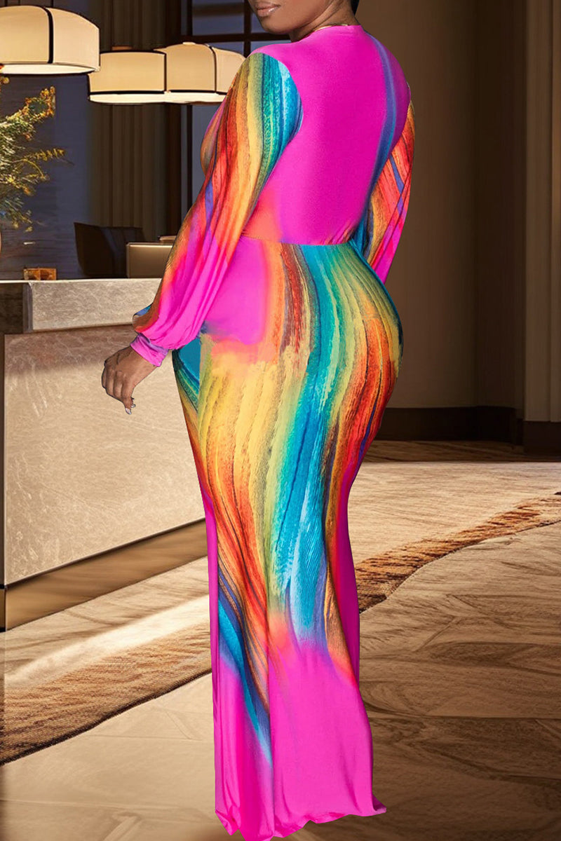 Celebrities Print Patchwork V Neck Long Dresses
