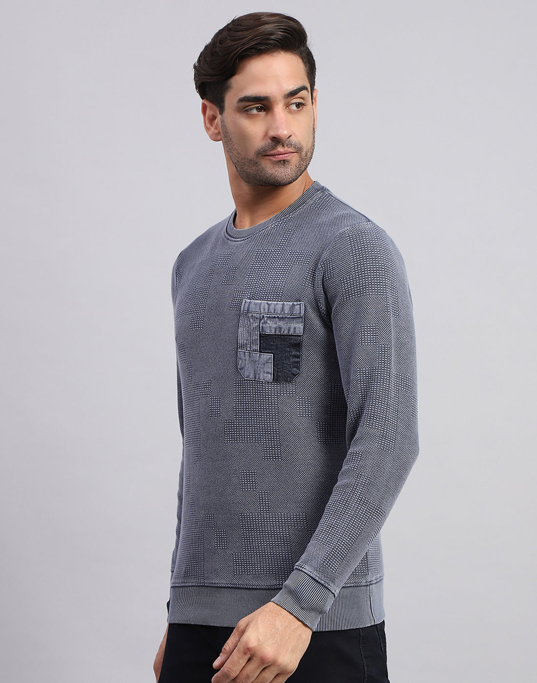 Men Grey Solid Round Neck Full Sleeve Winter T-Shirt