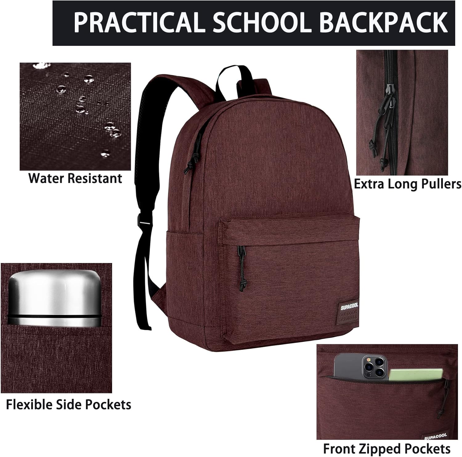 SUPACOOL Casual Laptop Backpack for Men and Women, School Backpack for Boys and Girls, College Bookbag, USB Charging Port, Lightweight Back Pack(Black)