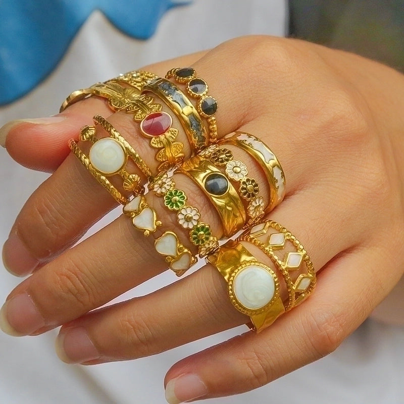 Rock Oversized Leaves Eye Flower 304 Stainless Steel Gem 18K Gold Plated Inlay Open Rings