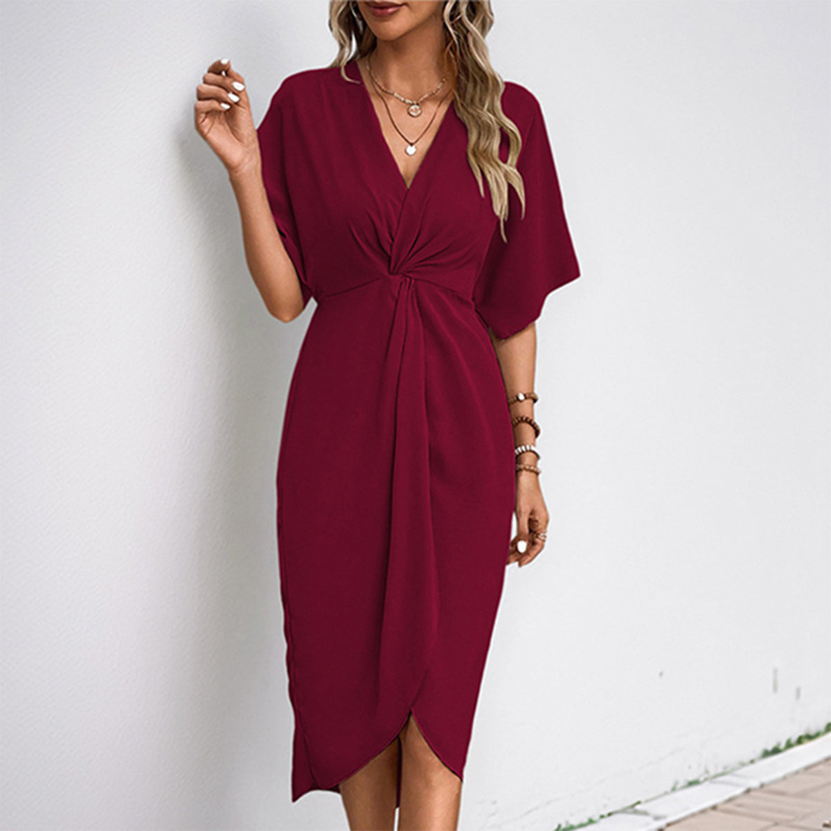 Fashion V Neck Solid Irregular Hem Dress