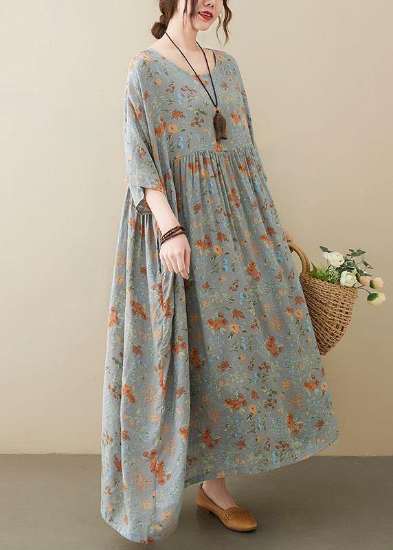 Elegant Grey O-Neck Patchwork Print Half Sleeve Summer Long Dress
