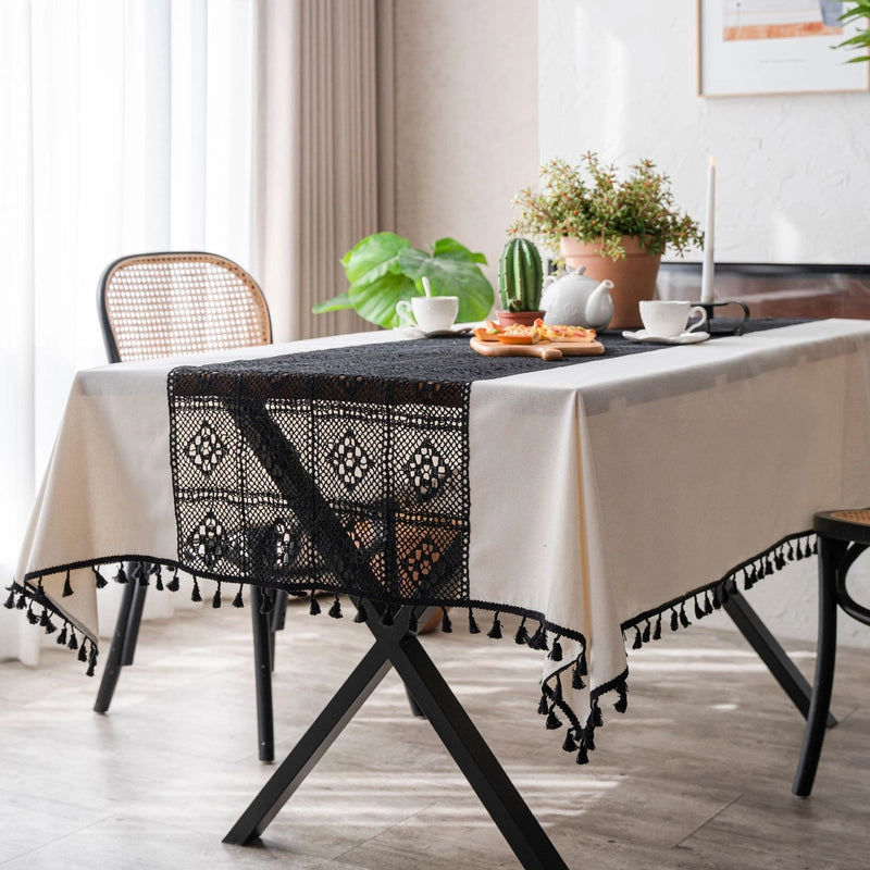 Yiqiqiyun Tablecloth White Plain Contrast Color Hollow Stitching Small Fresh Table Cloth Restaurant Tablecloth
