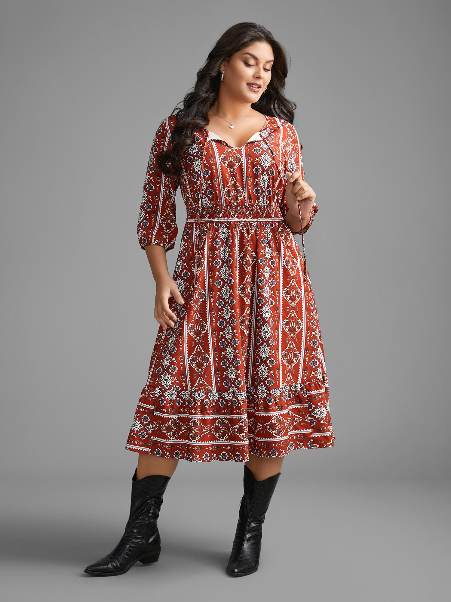 Boho Print Shirred Tie Knot Midi Dress
