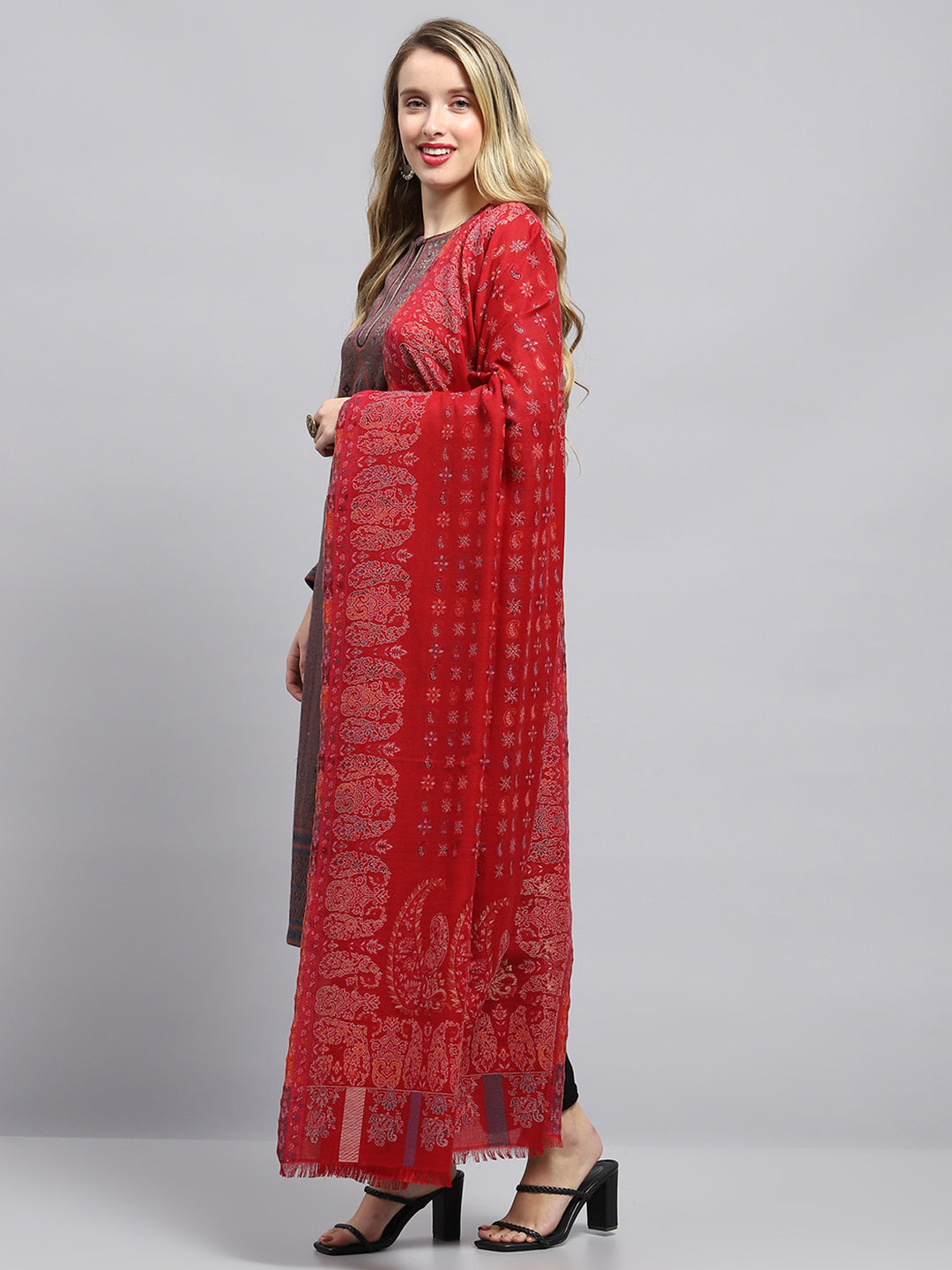 Women Red Self Design Shawl