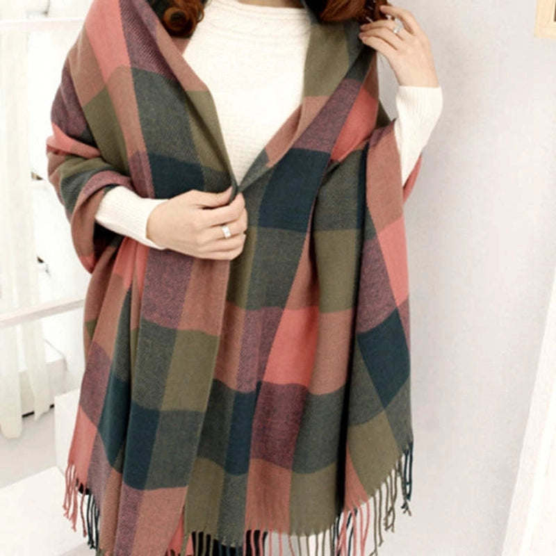 Plaid Scarf Women's Winter Versatile Student Scarf Cashmere Tassel Dual-use Warm Plaid Shawl