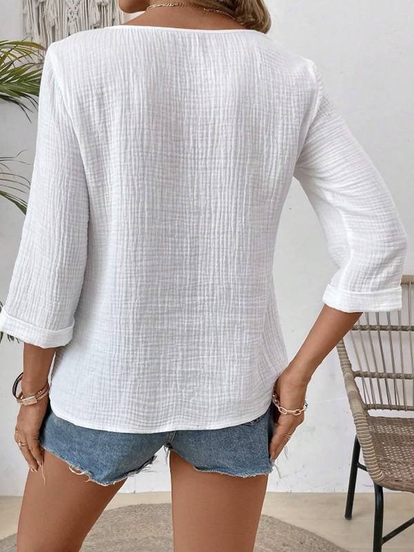 Long Sleeves Loose See-Through Solid Color Split-Joint Square-Neck Blouses&Shirts Tops