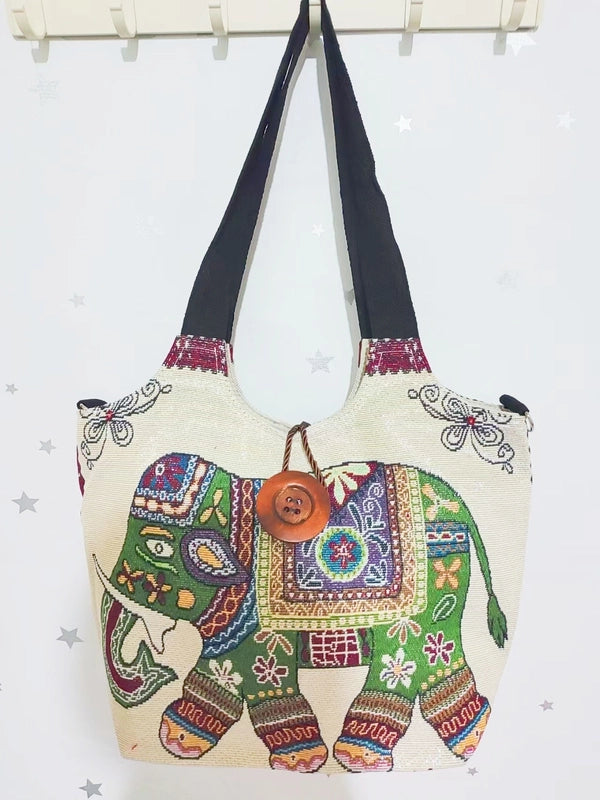 Women's Large Canvas Elephant Ethnic Style Square Zipper Shoulder Bag