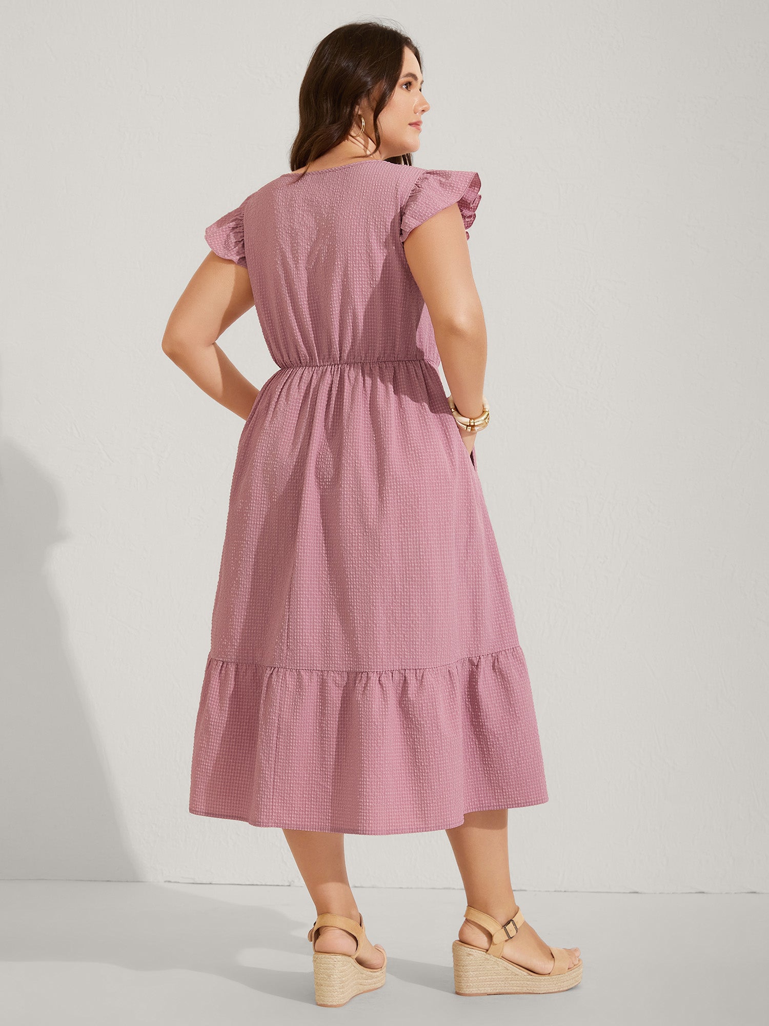 Lace Trim Button Detail Tiered Midi Dress