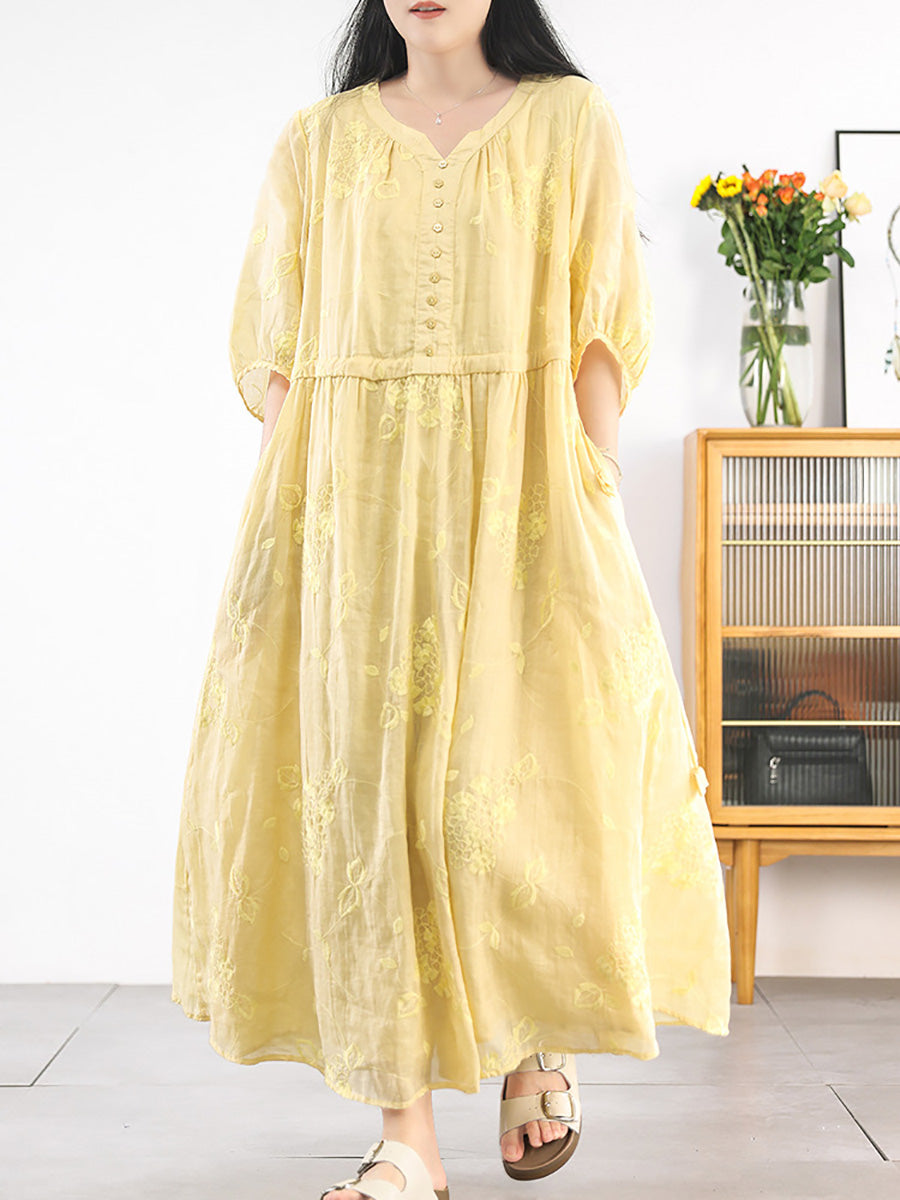 Women Summer Artsy Embroidery V-Neck 100%Ramie Dress