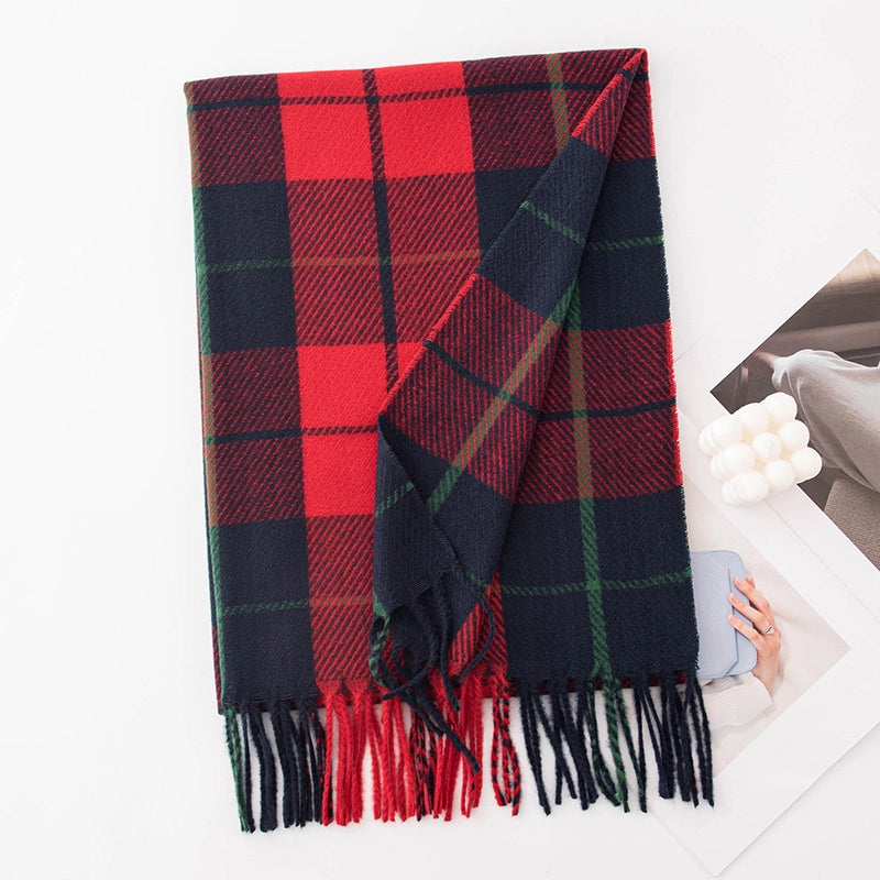 Women's Retro British Style Plaid Imitation Cashmere Tassel Scarf