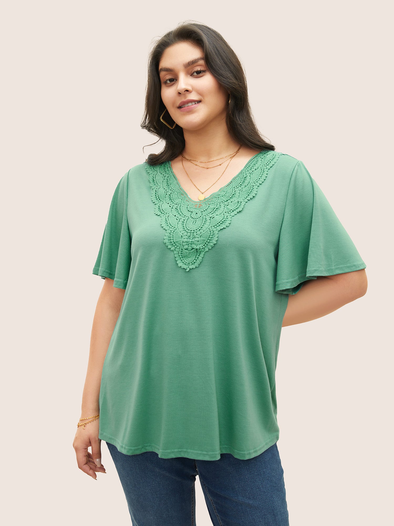 Solid Ruffle Sleeve Lace V Neck T-shirt